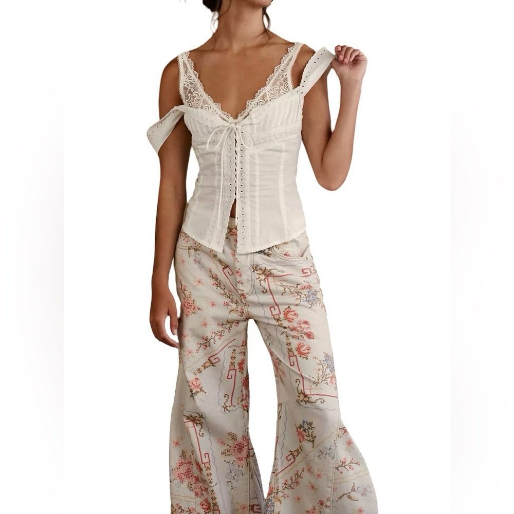 We The Free Floral Wide Leg Jeans in Cream with Pink & Blue Print